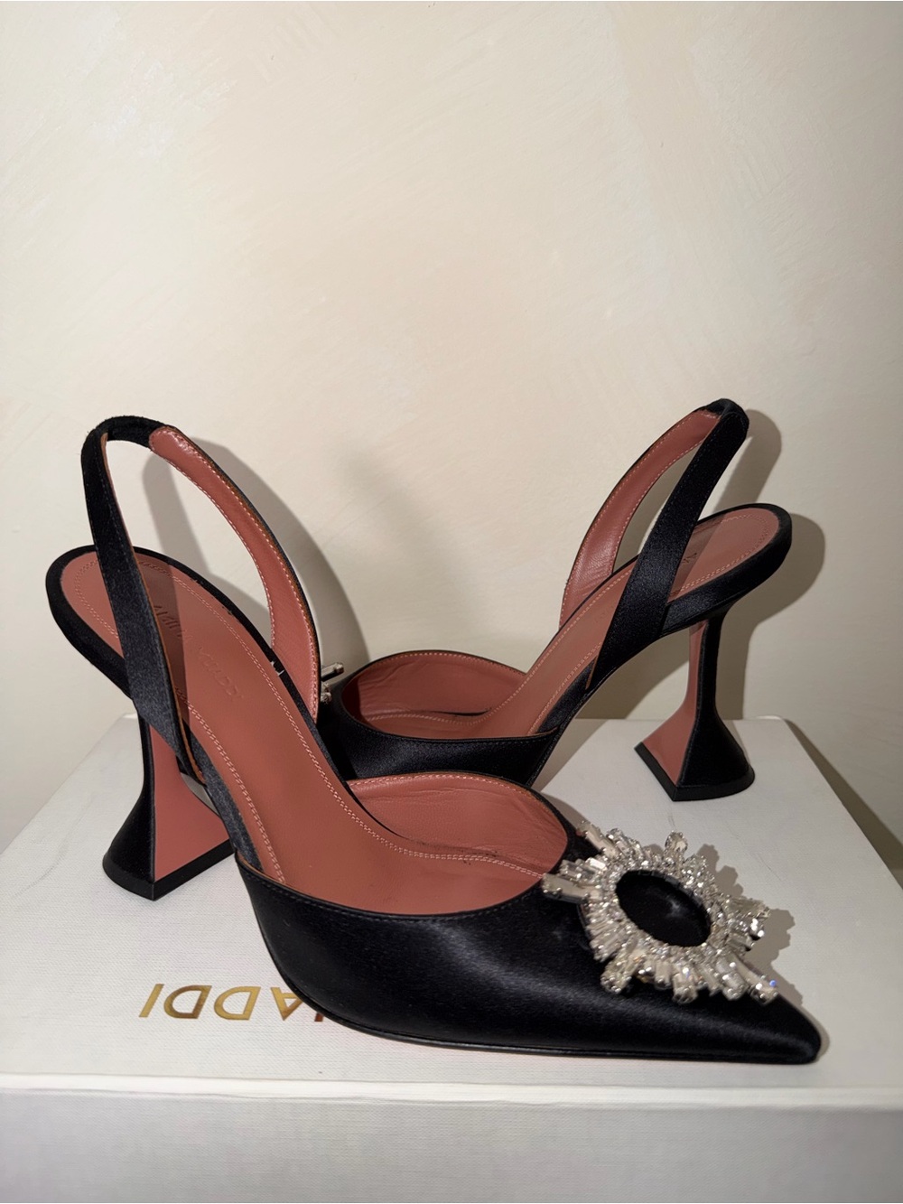Amina Muaddi Black Satin Begum Slingback Pump Size 38